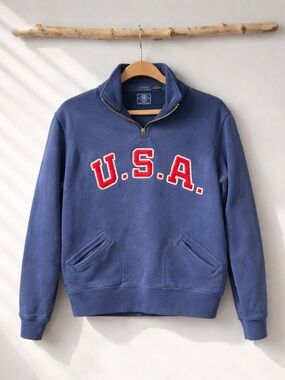 Polo Ralph Lauren Team USA Olympic Quarter Zip Blue Pullover L Women Preppy Chic
